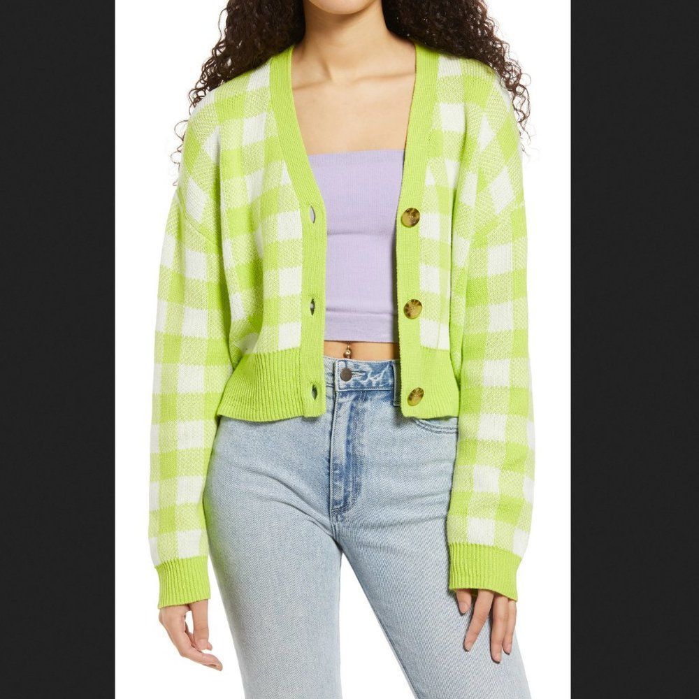 Women's Green Checkered Cardigan Sweater 100% Cotton